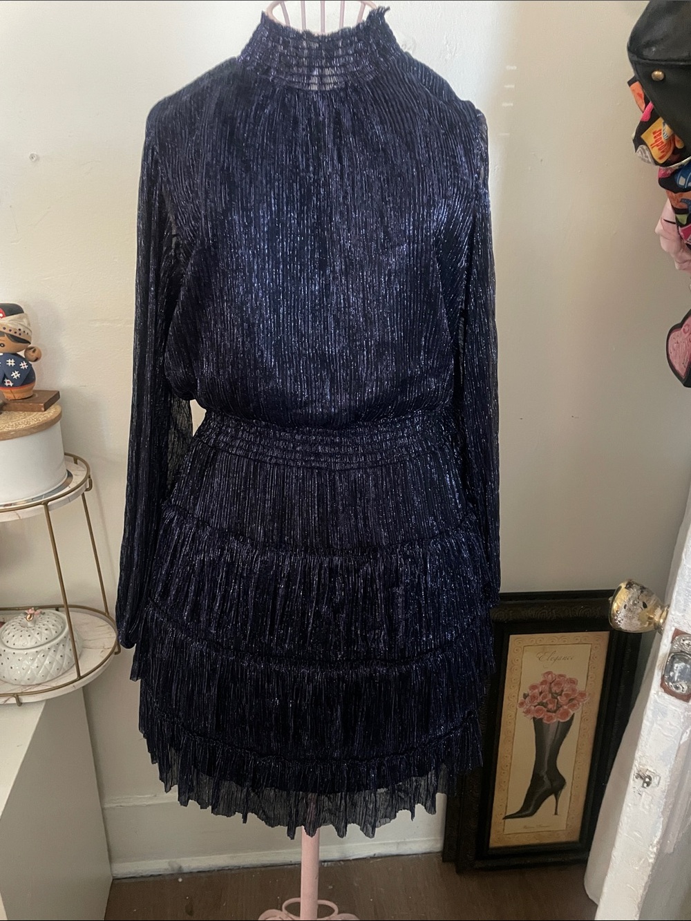 Express Navy Metallic Long Sleeve Tiered Dress